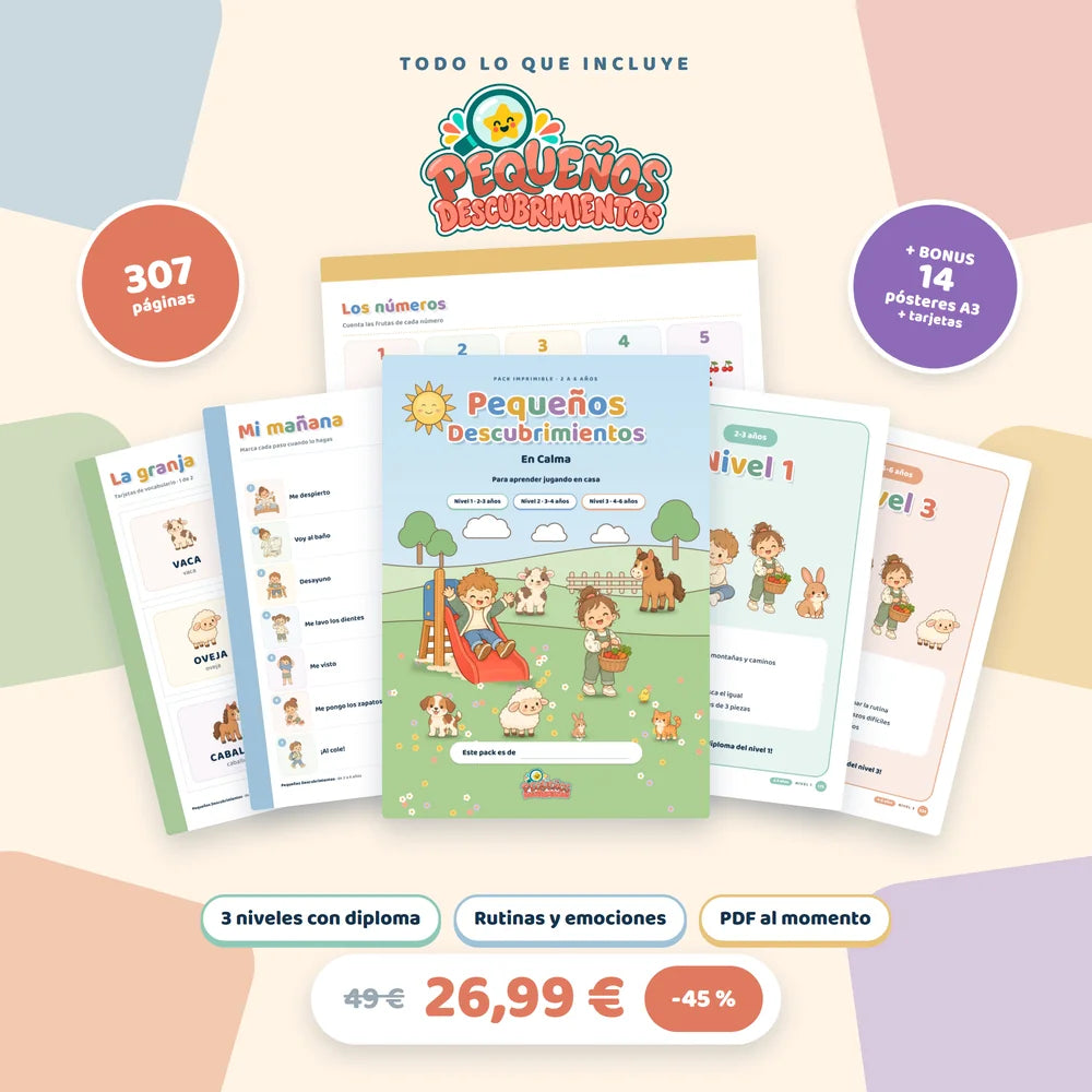 Todo lo que incluye Pequeños Descubrimientos: 307 páginas, 3 niveles con diploma, rutinas y emociones, PDF al momento y, de regalo, 14 pósteres A3 + 1 hoja de tarjetas a medida