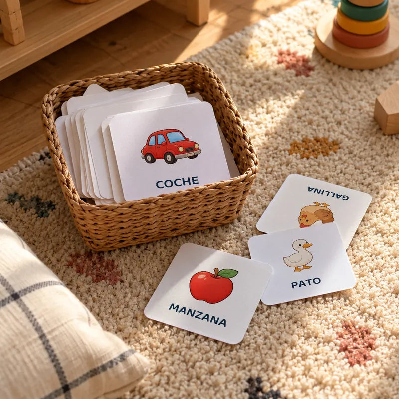 Tarjetas de vocabulario del pack en una cesta sobre la alfombra