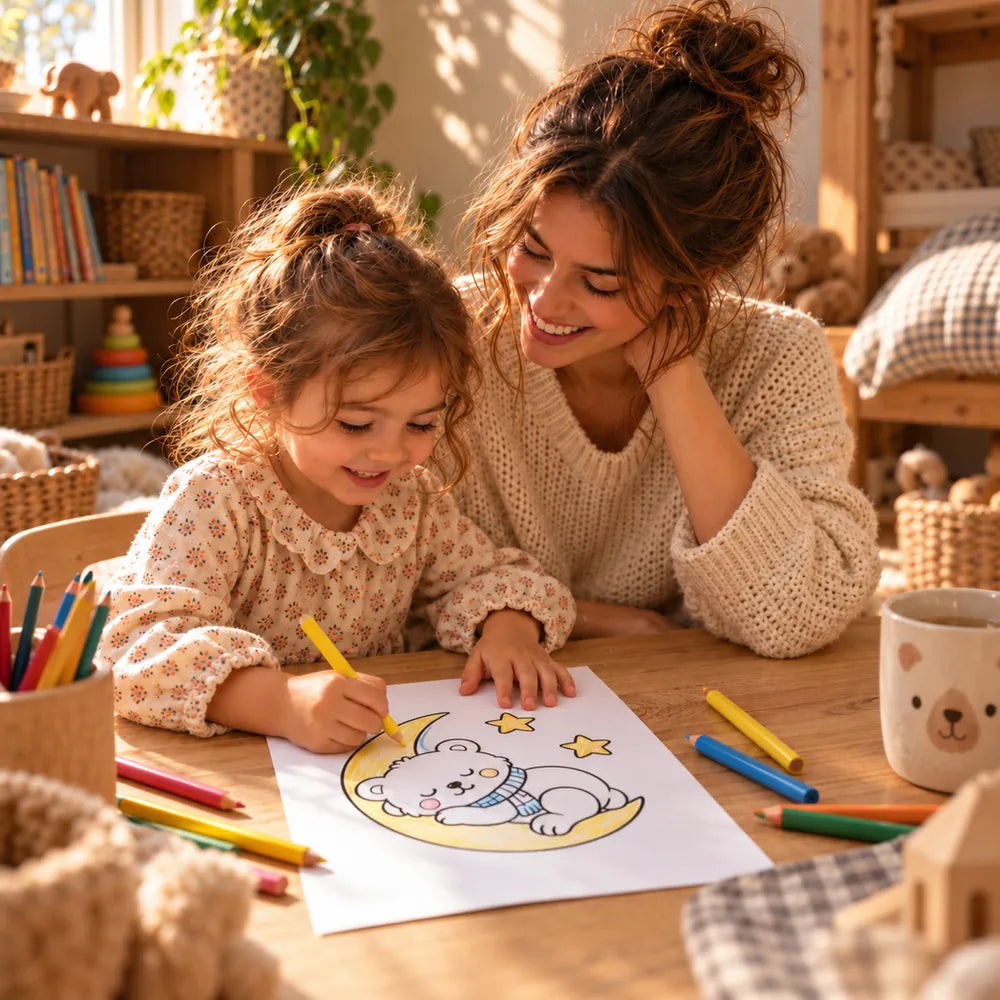Una niña coloreando un dibujo del pack junto a su madre
