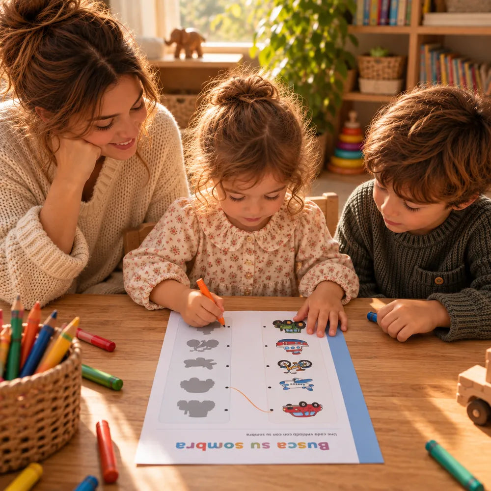 Dos hermanos haciendo la ficha de las sombras del pack con su madre