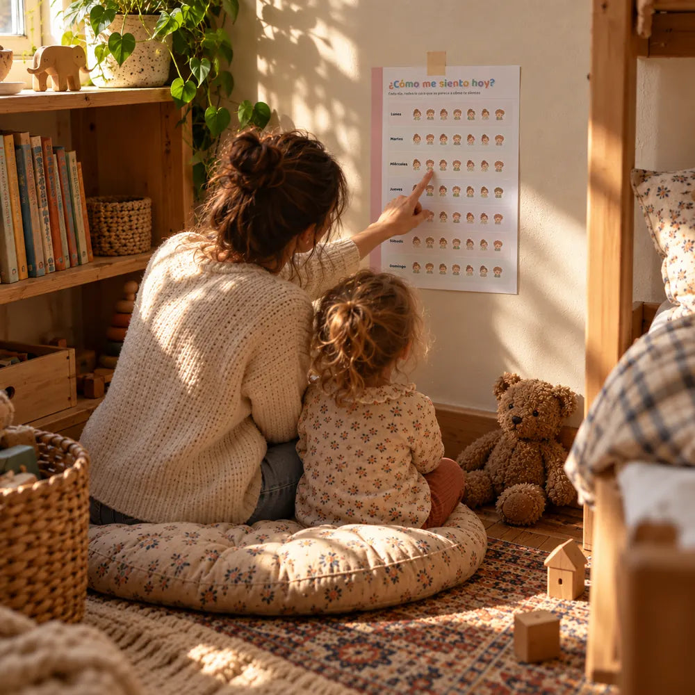 Una madre y su hija señalando el póster de emociones del pack en la pared